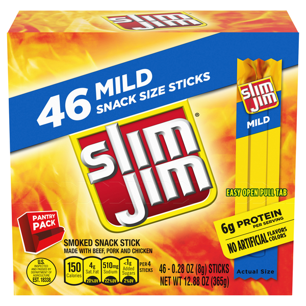 Slim Jim Mild Protein Smoked Snack Size Meat Sticks - 46 ct