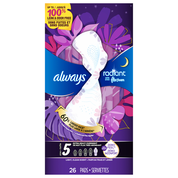 Always Radiant Size 5 Light Clean Scent Extra Heavy Overnight Pads w/Wings