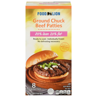 Food Lion 80% Lean 20% Fat 1/4 lb Ground Beef Chuck Patties - 8 ct Frozen