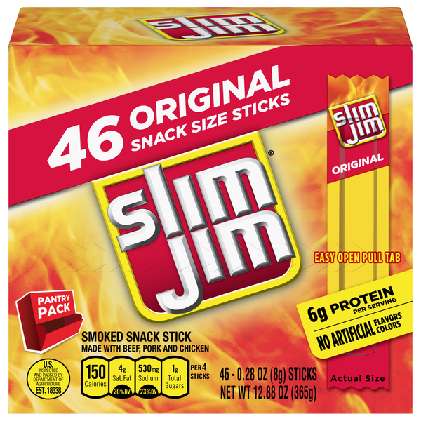 Slim Jim Original Protein Smoked Meat Sticks Snack Size - 46 ct