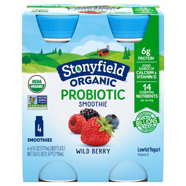 Stonyfield Organic Probiotic Low Fat Wild Berry Yogurt Smoothies - 4 ct