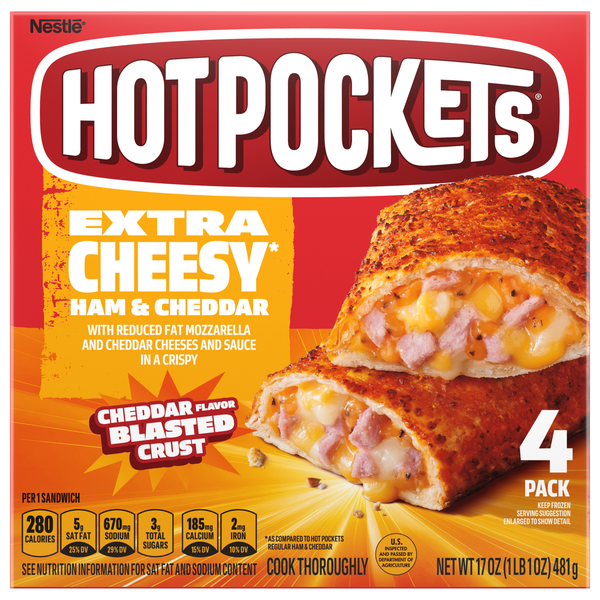 HOT POCKETS Extra Cheesy Ham & Cheddar Sandwiches - 4 ct Frozen
