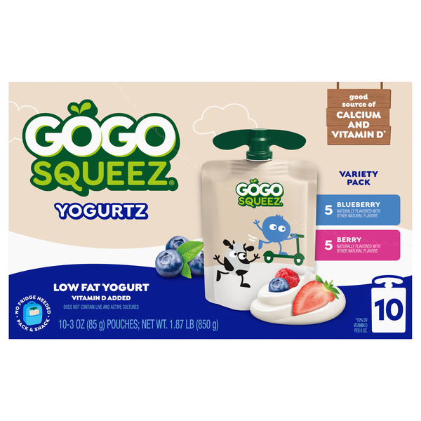 GoGo squeeZ Low Fat Blueberry & Berry Yogurtz on the Go Pouches - 10 ct