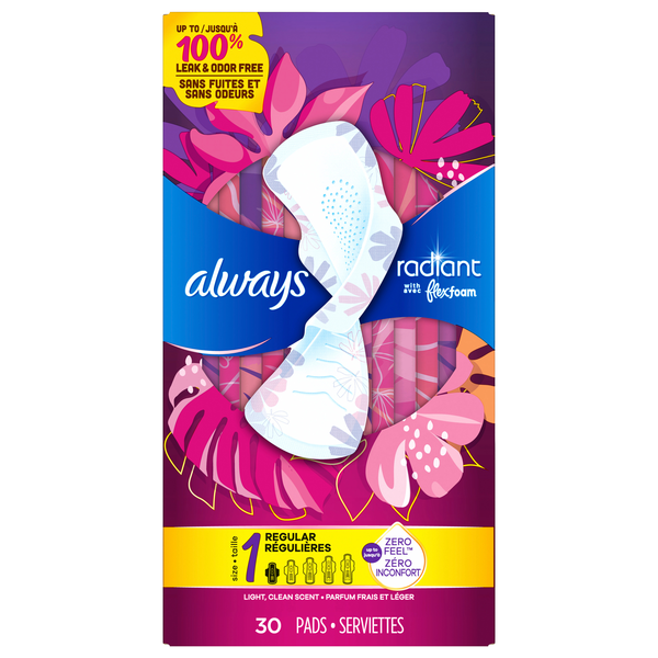 Always Radiant Size 1 Light Clean Scent Regular Pads with Wings