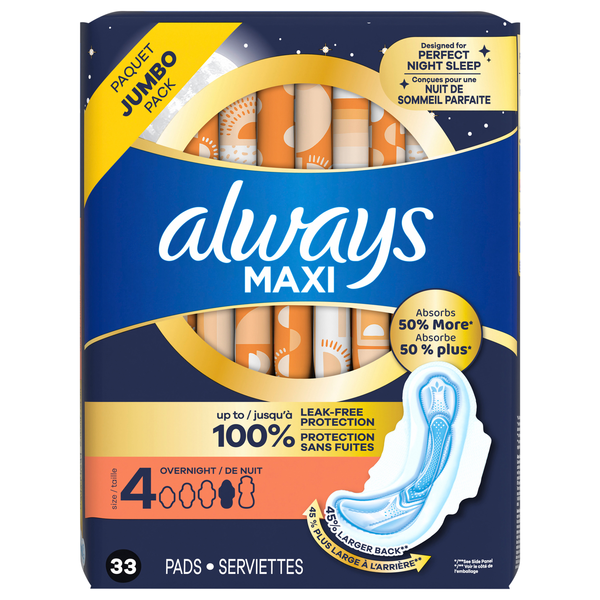 Always Maxi Size 4 Unscented Overnight Pads with Wings