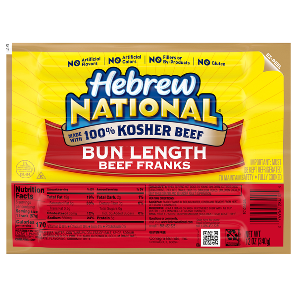 Hebrew National 100% Kosher Bun Length Beef Franks - 6 ct