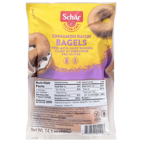 Save on Schar Gluten Free Cinnamon Raisin Bagels PreSliced 4 ct