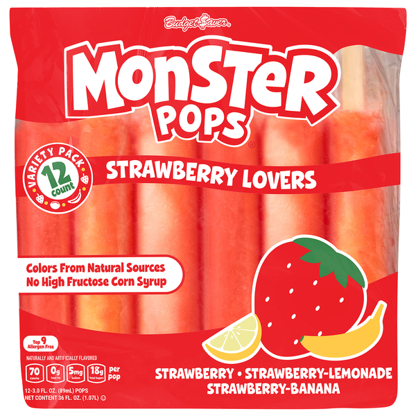 Budget Saver Monster Pops Strawberry Lovers Ice Pops Variety - 12 ct