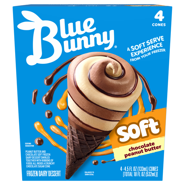 Blue Bunny Twist Cones Chocolate Peanut Butter Frozen Dairy Dessert - 4 ct