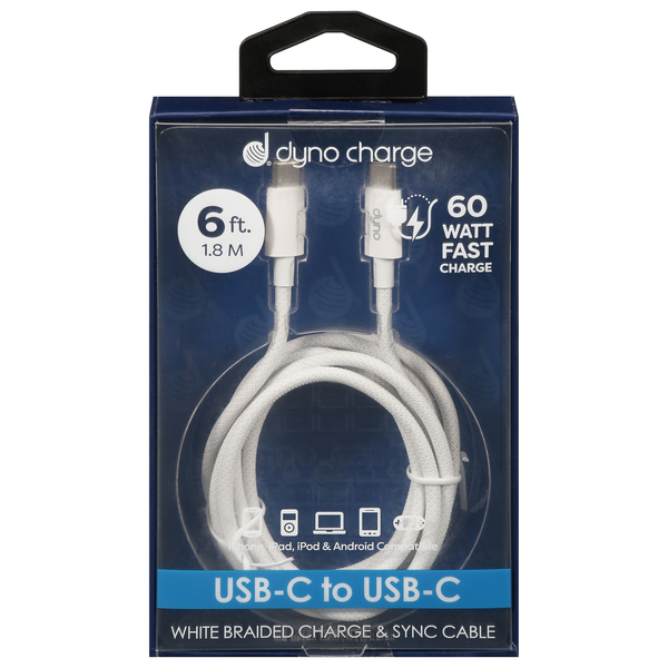 Dyno Charge USB-C to USB-C Braided Charge & Sync Cable 6 ft White