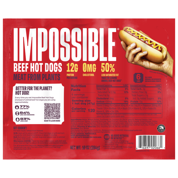 Impossible Beef Hot Dogs Meat from Plants - 6 ct