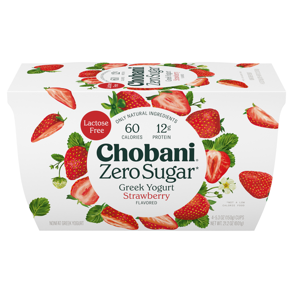 Chobani Zero Sugar Non Fat Strawberry Greek Yogurt Cup - 4 ct