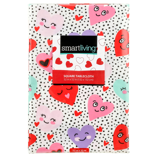 Smart Living Square Valentine's Day Tablecloth SmileyFace Hearts 52X52Inch