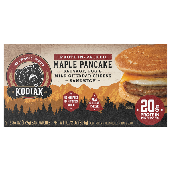 Kodiak Protein-Packed Maple Pancake Sausage Egg & Cheddar Sandwich - 2 ct