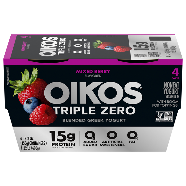 Oikos Triple Zero 15g Protein Non Fat Mixed Berry Greek Yogurt Cup - 4 ct
