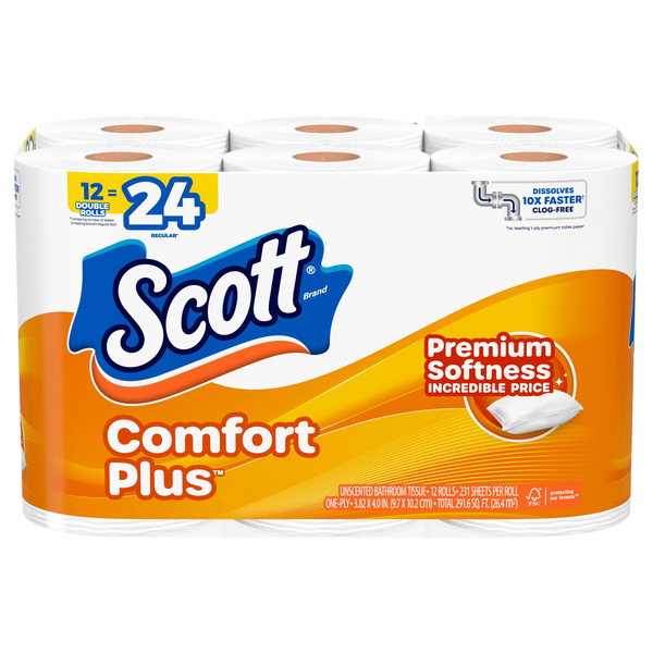 Scott Comfort Plus Toilet Paper Double Roll 1-Ply Unscented