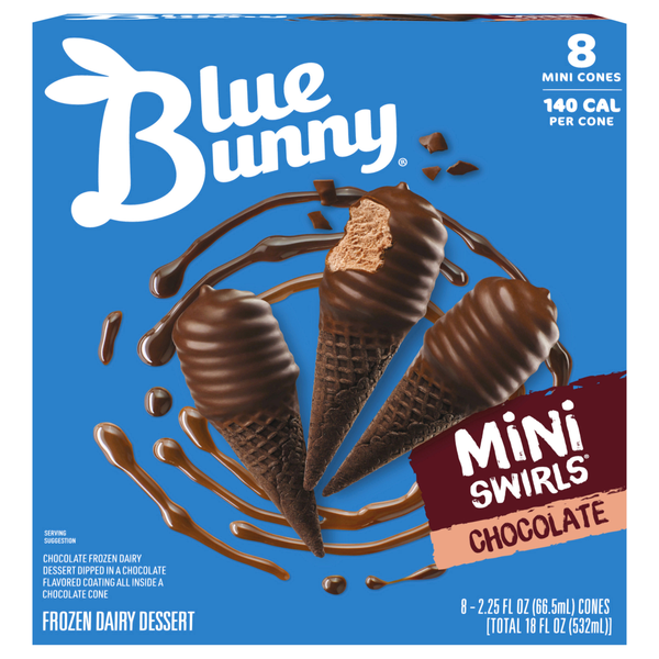 Blue Bunny Mini Swirls Cones Chocolate Frozen Dairy Dessert - 8 ct