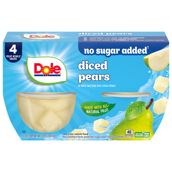 Dole No Sugar Added Diced Pears Fruit Cups with Stevia - 4 ct