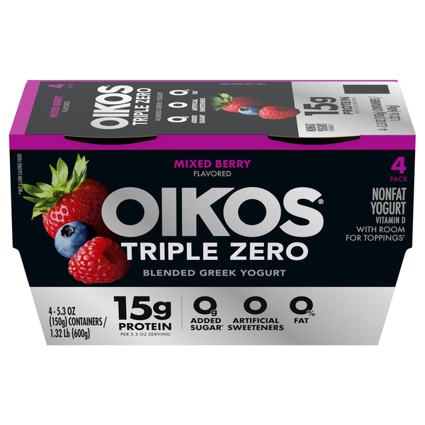 Oikos Triple Zero 15g Protein Non Fat Mixed Berry Greek Yogurt Cups - 4 ct