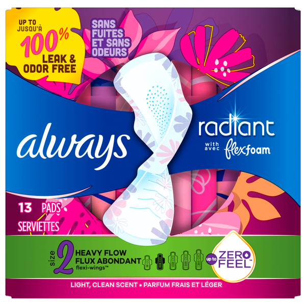 Always Radiant Size 2 Light Clean Scent Heavy Flow Pads with Wings