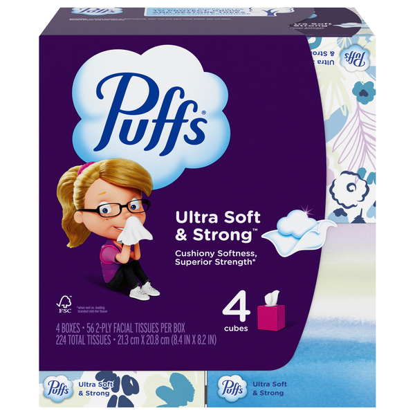 Puffs Ultra Soft 2-Ply Facial Tissue Cube Box 56 ct ea - 4 pk