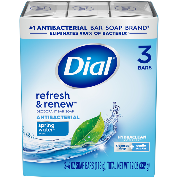 Dial Refresh & Renew Spring Water Antibacterial Deodorant Soap Bars - 3 ct