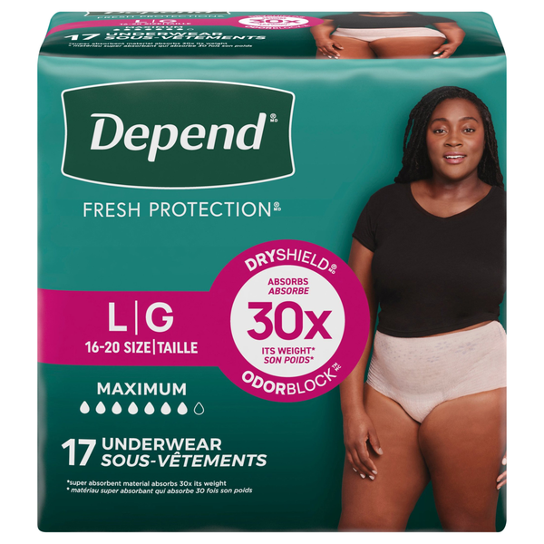 Depend Women's Fresh Protection Incontinence Underwear Maximum Blush L