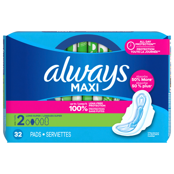 Always Maxi Size 2 Unscented Long Super Pads with Wings