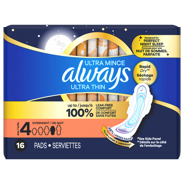 Always Ultra Thin Size 4 Unscented Overnight Pads with Wings
