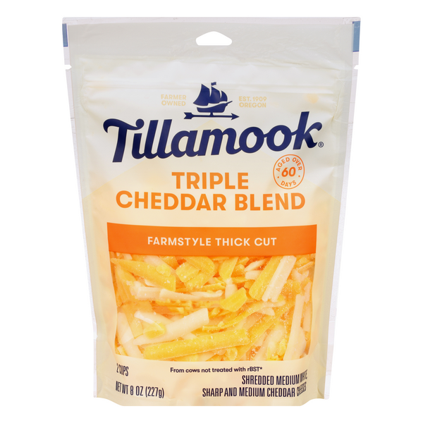 Save on Tillamook Cheese Triple Cheddar Blend Farmstyle Thick Cut