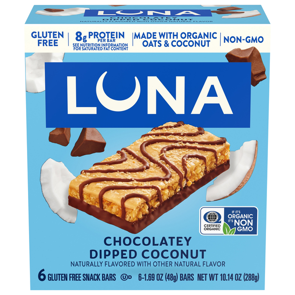 LUNA Organic Gluten Free Chocolatey Dipped Coconut Protein Snack Bars 6 ct