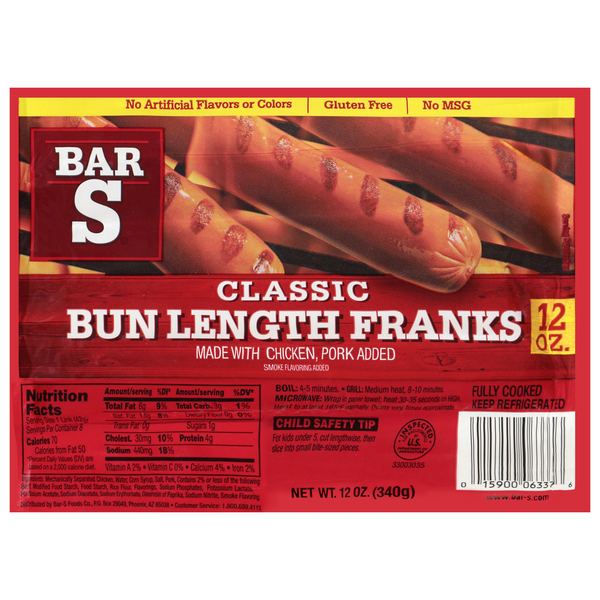 Bar-S Classic Bun Length Chicken & Pork Franks - 8 ct