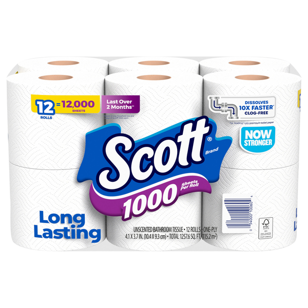 Scott 1000 1-Ply Toilet Paper Unscented - 12 ct
