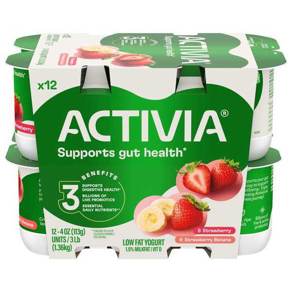 Activia Lowfat Strawberry Banana/Strawberry Yogurt Cups - 12 ct