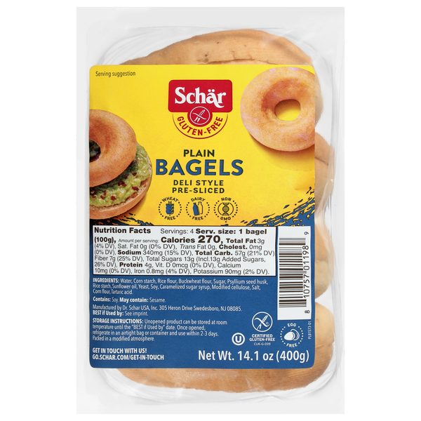 Schar Gluten Free Plain Pre-Sliced Bagels - 4 ct