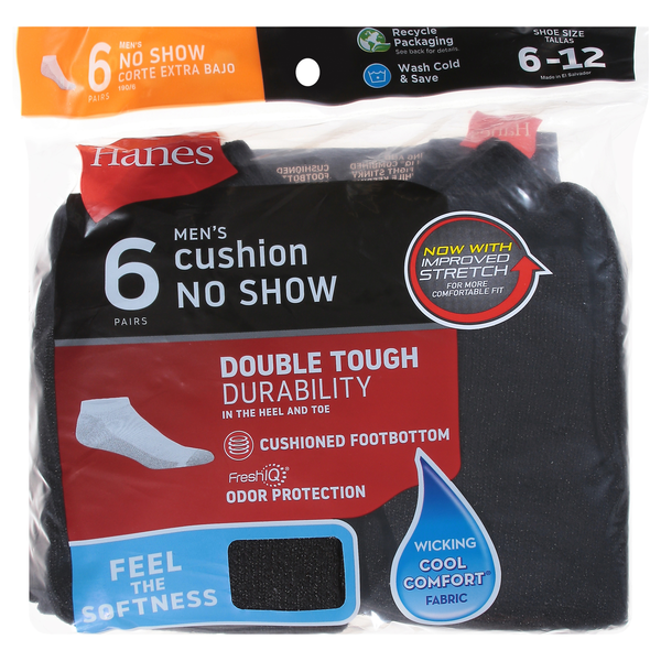 Hanes Men's Double Tough Cushion No Show Socks Size 6-12 Black