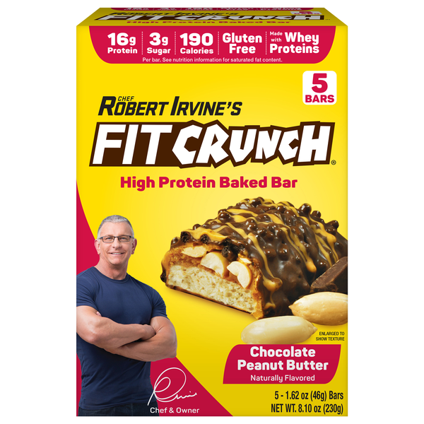 FITCRUNCH Chocolate Peanut Butter 16g Whey Protein Baked Bars - 5 ct