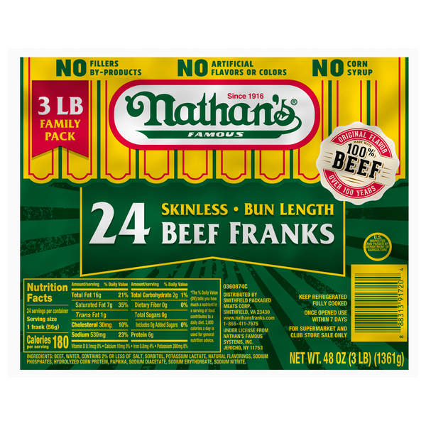 Nathan's Famous Bun Length Skinless All Beef Hot Dogs - 24 ct