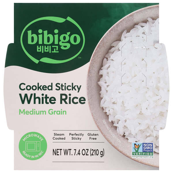 Bibigo 90 Second Medium Grain Cooked Sticky White Rice Bowl