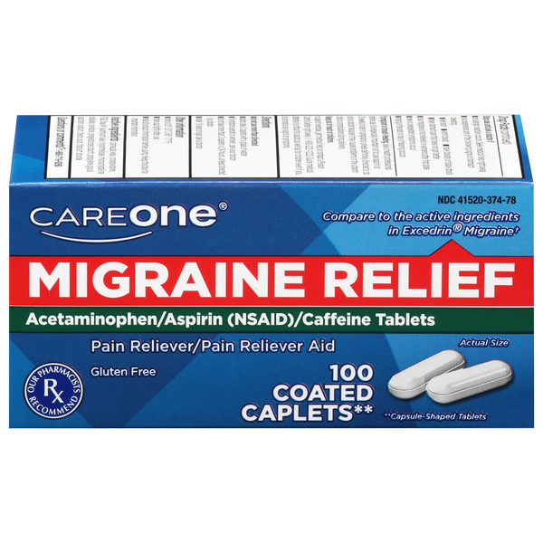 CareOne Migraine Relief Pain Reliever Coated Caplets Gluten Free