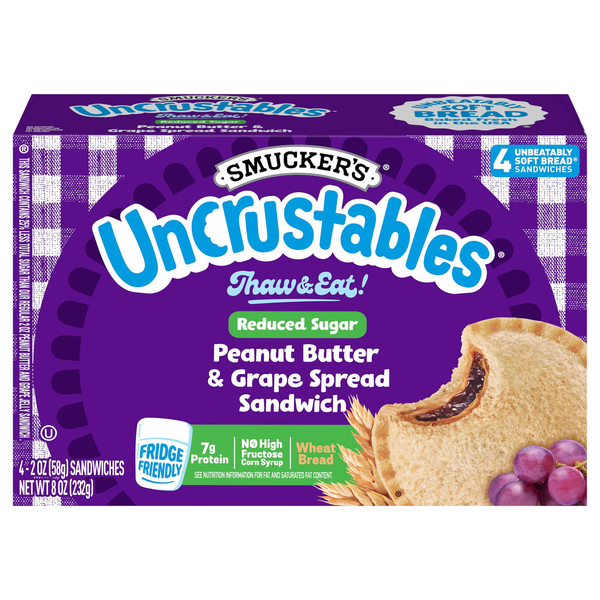 Smucker's Uncrustables Reduced Sugar Peanut Butter & Grape Sandwich - 4 ct