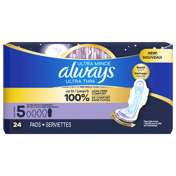 Always Ultra Thin Size 5 Unscented Extra Heavy Overnight Pads with Wings
