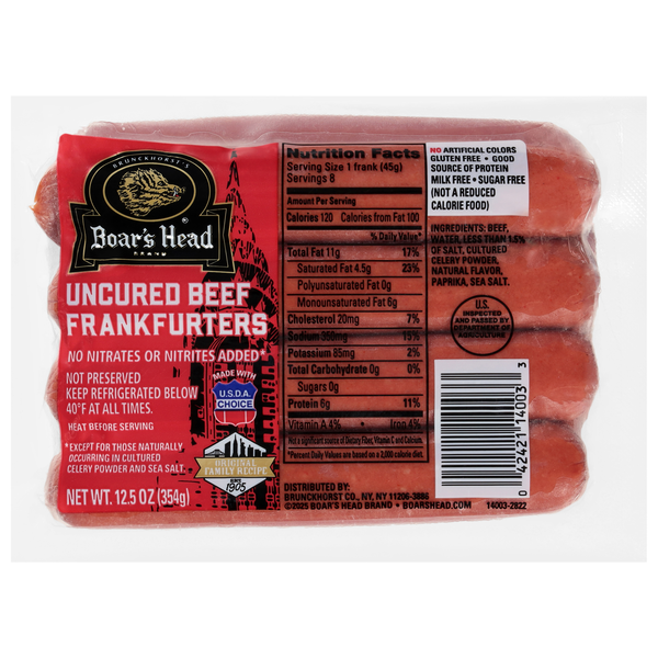 Boar's Head Uncured Beef Frankfurters - 8 ct