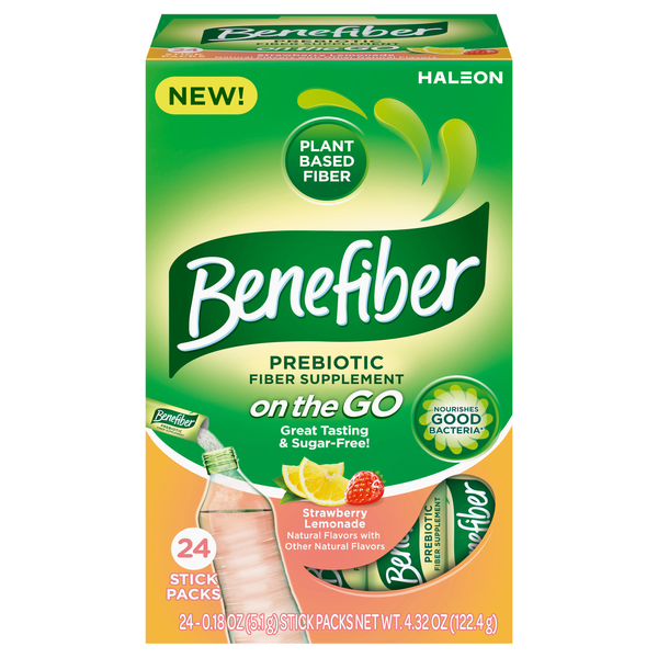 Benefiber On the Go Prebiotic Fiber Strawberry Lemon Powder Sticks - 24 ct