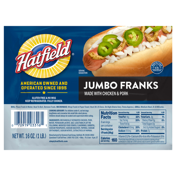 Hatfield Jumbo Chicken & Pork Franks - 8 ct