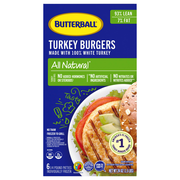 Butterball All Natural Turkey Burgers 93% Lean/ 7% Fat - 6 ct Frozen