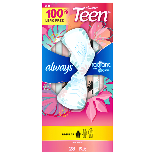 Always Teen Radiant Size 1 Unscented Regular Pads with Wings