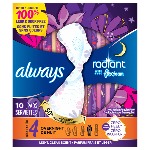 Always Radiant Size 4 Light Clean Scent Overnight Pads with Wings