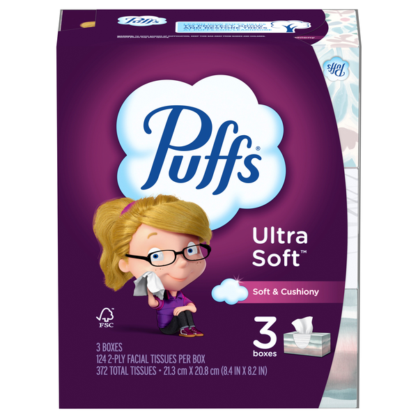 Puffs Ultra Soft 2-Ply Facial Tissue Flat Box 124 ct ea - 3 pk