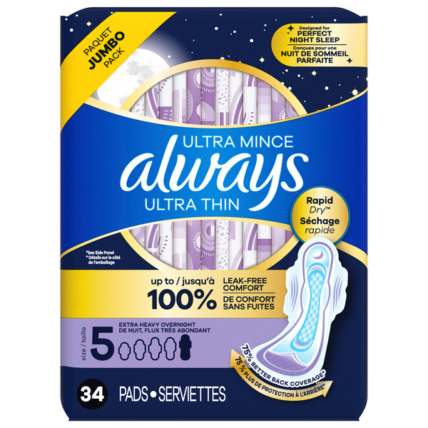 Always Ultra Thin Size 5 Unscented Extra Heavy Overnight Pads with Wings